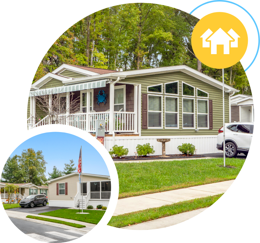 manufactured home collage with a house icon in the upper right corner