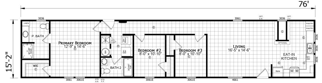 Bayshore manufactured home floorplan with primary bedroom at left and 2 additional bedrooms in center