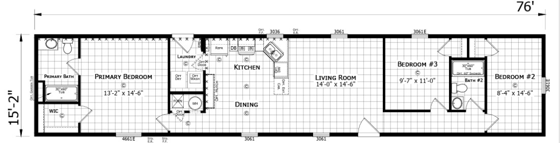 Floorplan of a Bayshore manufactured home with primary suite on left and 2 additional bedrooms on right with separate living room and kitchen